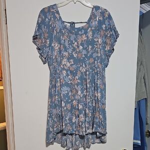 Impressions Floral Blue Women's Dress Sz Large Ruffle Hem & Sleeve Game Day UNC